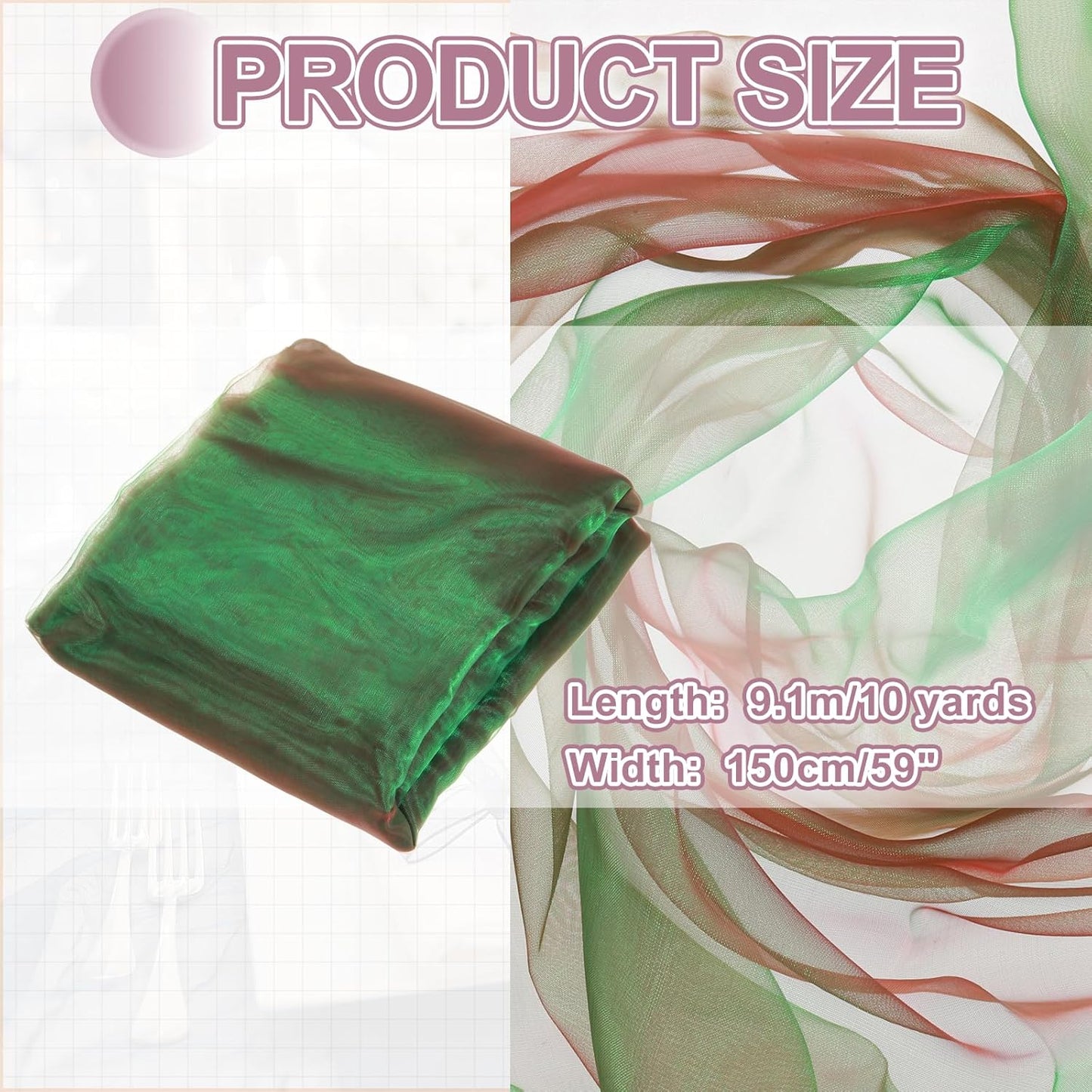 MECCANIXITY Iridescent Sheer Organza Fabric, 10 Yards x 59 Inches Solid Holographic Shiny Fabric Organza Cloth for Wedding, Curtains, Costume, Photo Background, Gradient Green Red