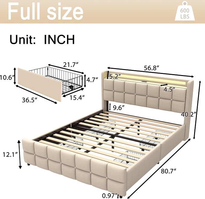 Full Size Bed Base with Multiple Color LED Lighting, Linen Upholstered Bed - Image 2