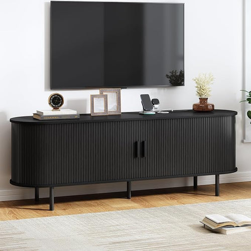 63" TV Stand with Power Outlet, Modern Media Console with Sliding Doors by ComfyCorner