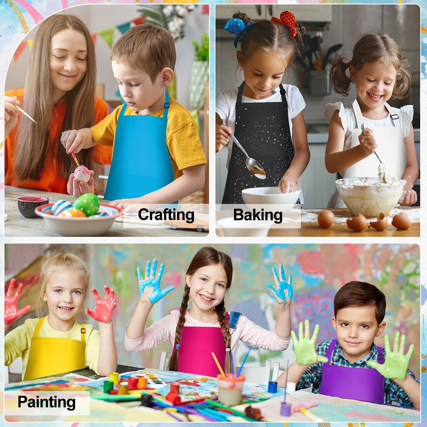 PLULON 8 Pcs Kids Apron Set Adjustable Children Art Aprons with 2 Pockets Artist Apron Bulk for Baking Painting Cooking Activity - 8 Colors