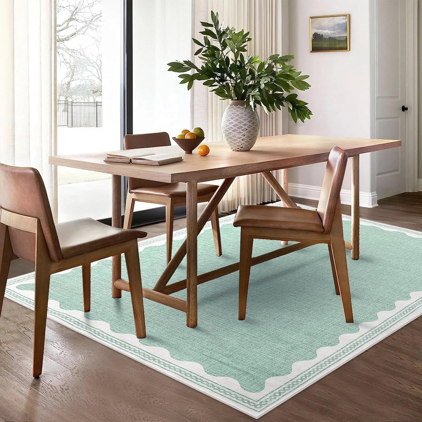 Scalloped Washable Rug 8x10 Area Rugs for Living Room, Solid Green Rug for Bedroom Girls, Non Slip Throw Carpet with Rubber Back, Soft Dorm Nursery Scalloped 8x10 Rugs for Dining Room