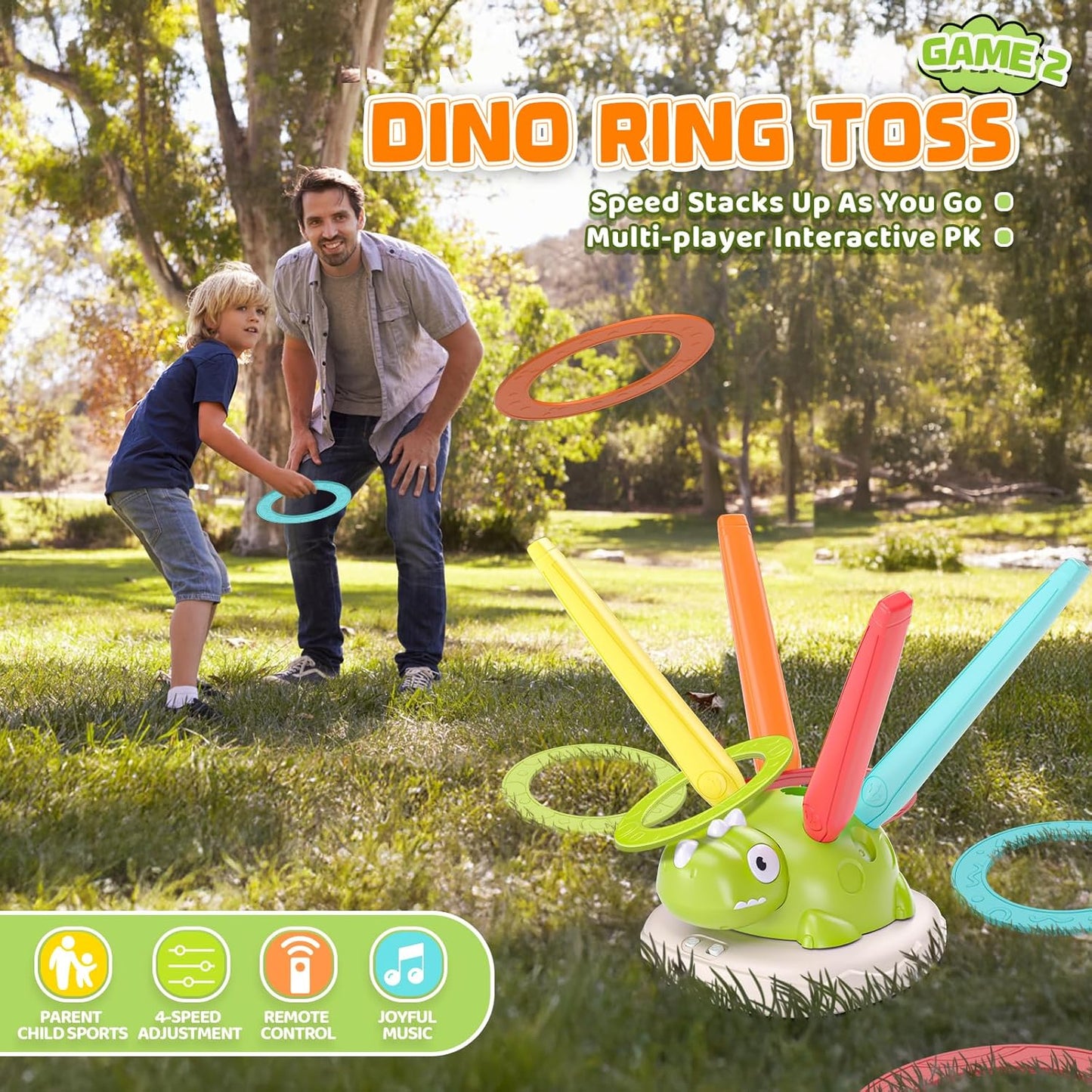 Aliex 3 in 1 Dinosaur Musical Jumping, Toss Ring and Stomping Launch Rocket Launcher, Indoor & Outdoor Sports Toys with Remote Control for Kids Ages 3-8 4-6,Active Outside Toy Gift for Boys and Girls