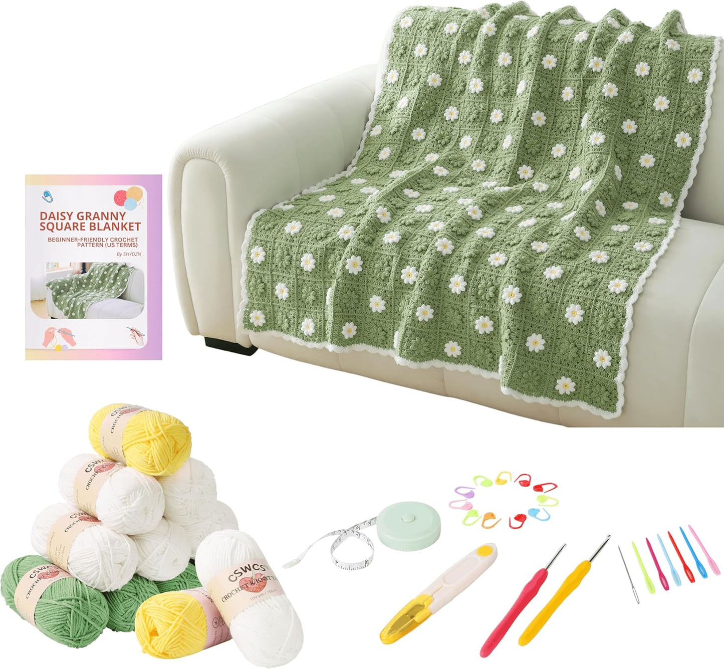 CSWCS Crochet Blanket Kit for Beginners, Daisy Granny Square Throw Kit for Adults, Easy Learn How to Knitting with Yarn & Hook, Complete Starter Set with Step-by-Step Instructions (47" x 39")