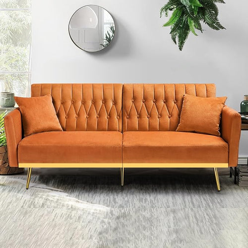 70” Velvet Futon Sofa Bed w/Adjustable Armrests & 2 Pillows, Convertible Futon - Image 2