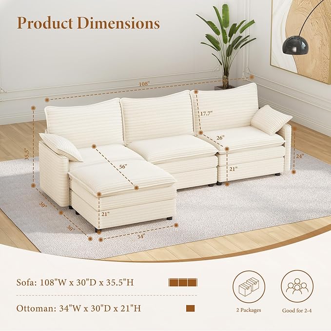 Vesgantti 108" Cloud Couch for Living Room, Deep Seat Sectional Modular Sofa - Image 2