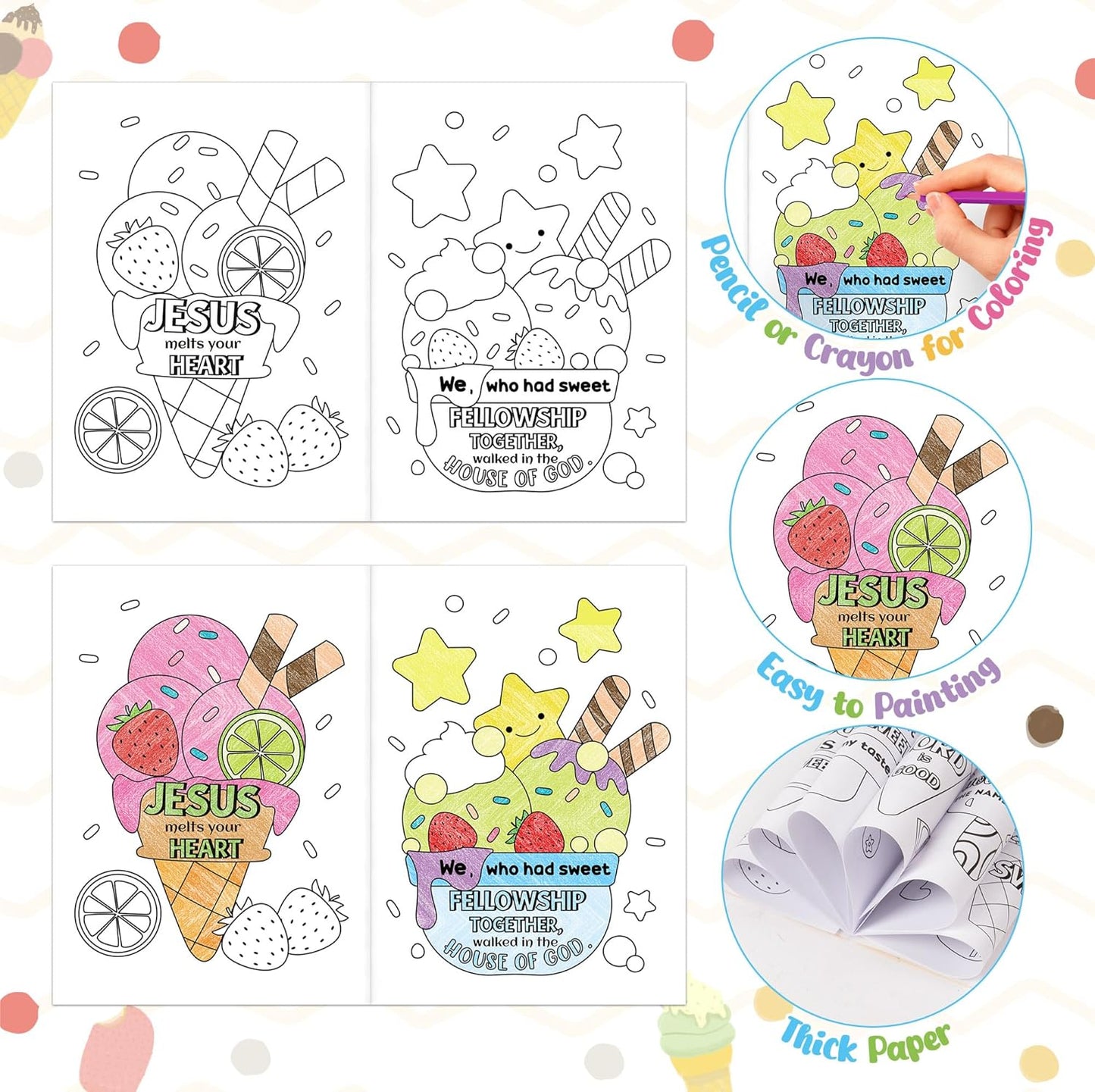 JAPBOR Ice Cream Coloring Books - 24PCS Mini Summer Religious Color Book Bulk for Kids Party Favors, Christian Jesus Small Colour Pages for Sunday School Class Drawing Painting Games Goodie Bag Filler