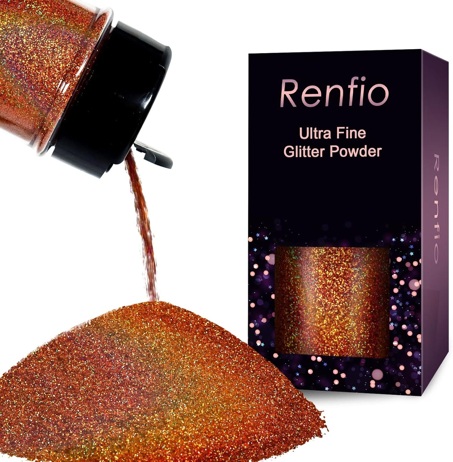 Renfio Holographic Ultra Fine Glitter Powder Metallic Resin Glitter 2.11 Oz (60g) PET Flakes Crafts Sequins 1/128" 0.008" 0.2mm Epoxy Chips Flakes for Tumblers Slime - Laser Light Copper