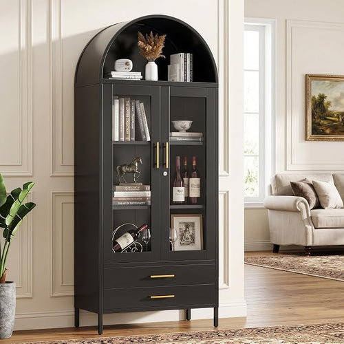 73" Tall Display Cabinet with Glass Doors and 2 Drawers, Metal Arched Cabinet by GANGMEIMENTALSTORAGECABINET