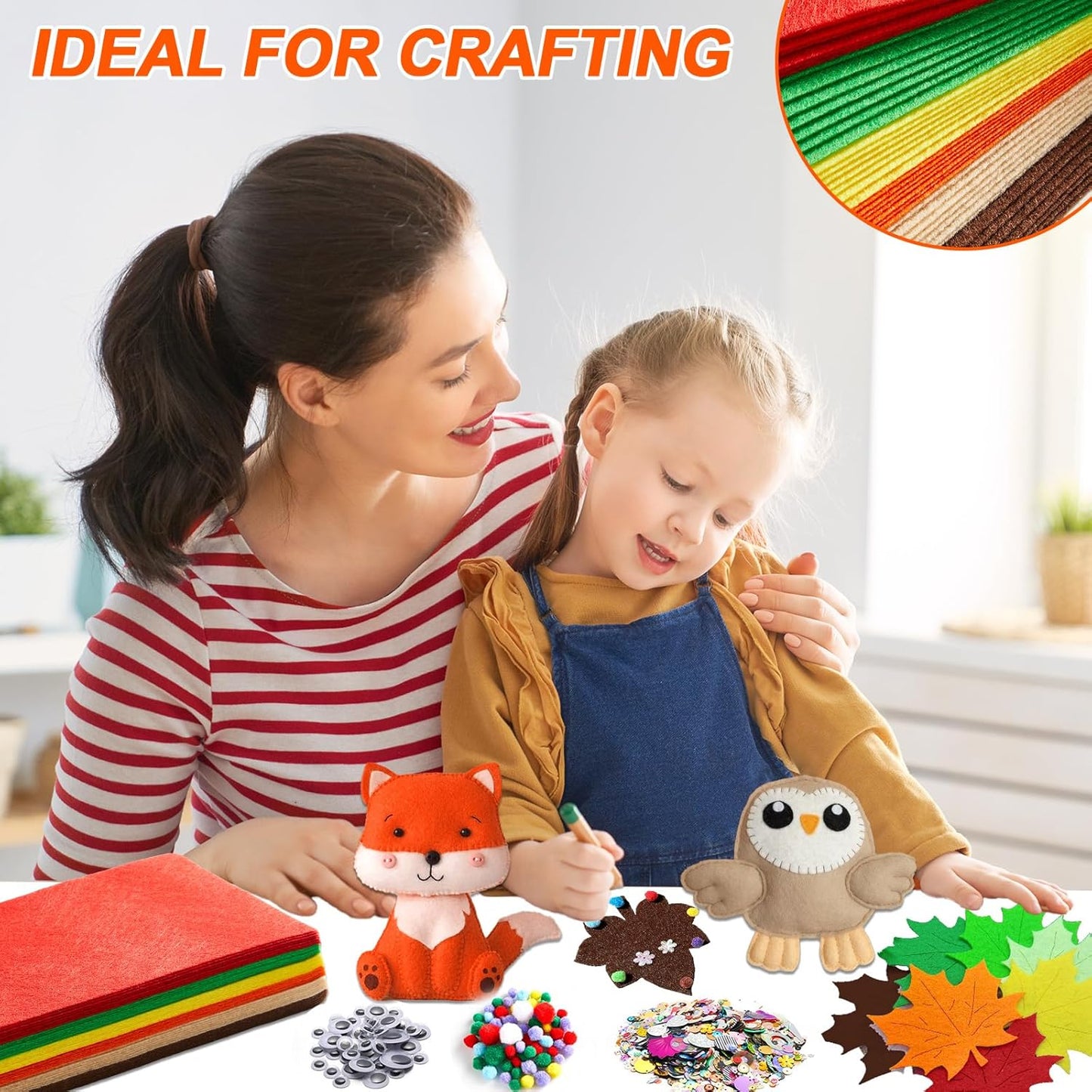 42Pcs Fall Felt Fabric Sheets 8 x 12 Inch Autumn Yellow Orange Assorted Soft Thick Felt Pack with Wiggle Google Eyes Pom Poms Glitter Patchwork for Thanksgiving DlY Sewing Creative Art Project Decor