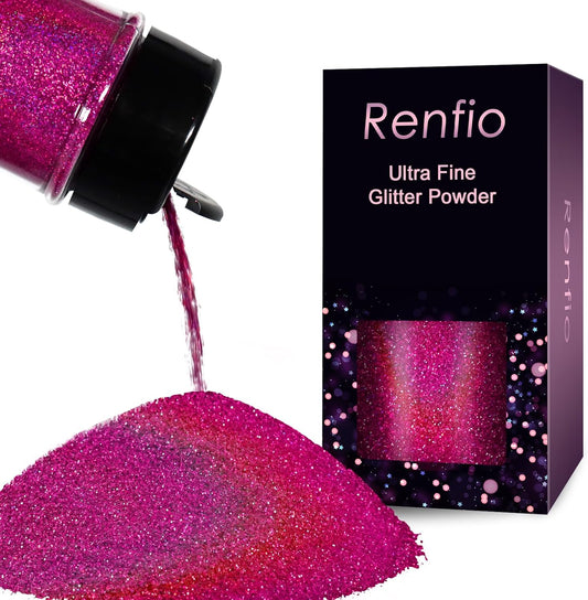 Renfio Holographic Ultra Fine Glitter Powder Metallic Resin Glitter 2.11 Oz (60g) PET Flakes Crafts Sequins 1/128" 0.008" 0.2mm Epoxy Chips Flakes for Tumblers Slime - Laser Rose Red