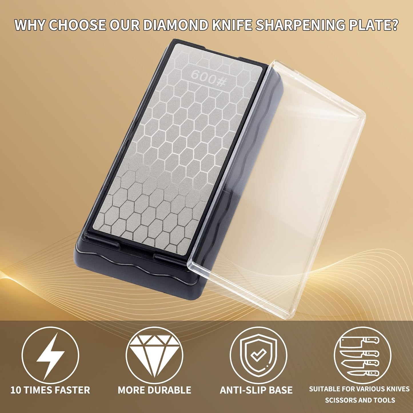 CWOVRS Diamond Knife Sharpening Stone Double-Sided, Diamond Sharpening Plate Honeycomb Surface Plate with Non-Slip Base for Scissors Knives Outdoor Kitchen Sharpen Tools Coarse 600# / Extra Fine 1200#