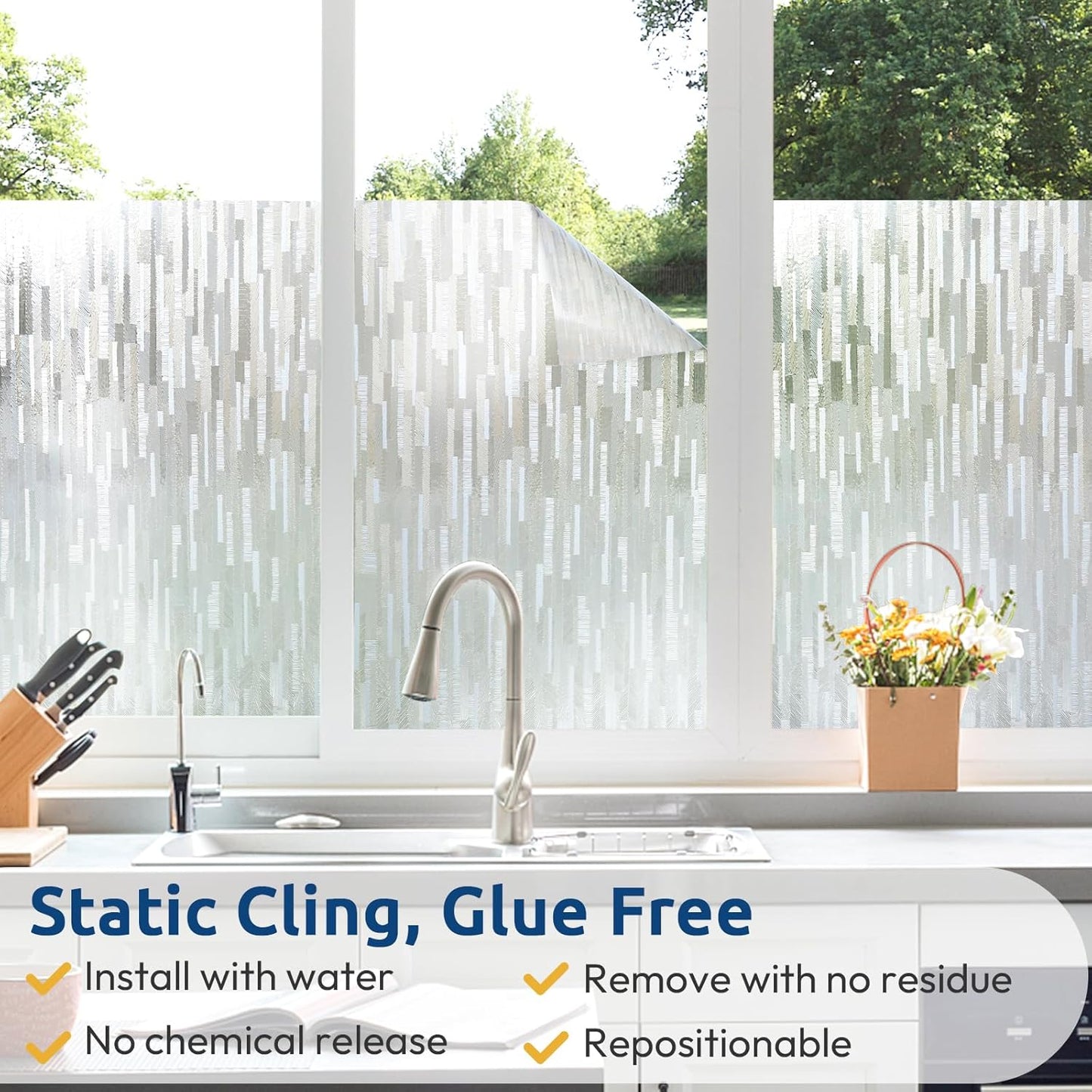 rabbitgoo Window Privacy Film, No Glue Frosted Glass Film, Static Cling UV Blocking Non Adhesive Reusable Heat Control Window Vinyl Clings for Home, Office, Frosted Silk, 35.4 x 157.4 Inches
