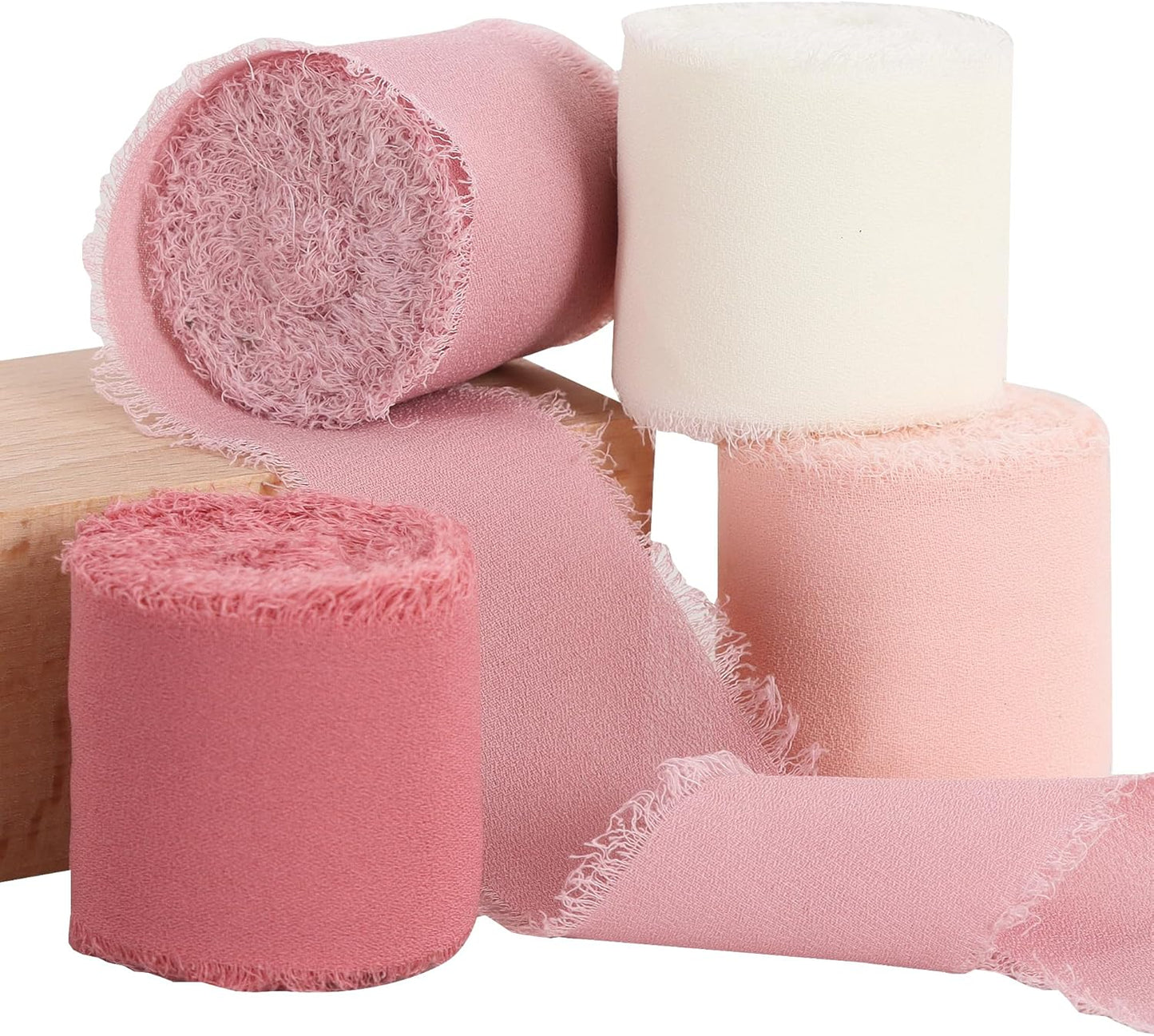 TONIFUL 4 Rolls Silk Chiffon Ribbon, 1-1/2 Inch x 22yds, Dusty Pink and Cream Chiffon Ribbons Set, Handmade Fringe Silk Ribbon for Gift Wrapping Bridal Bouquets Wedding Invitations Decoration Crafts