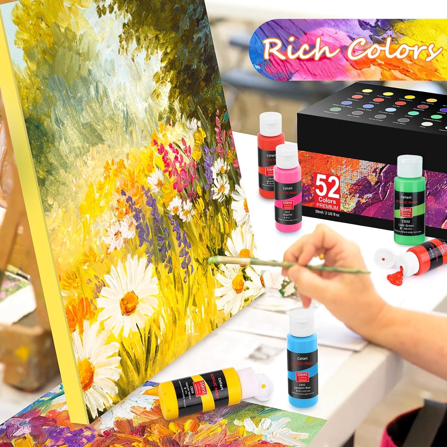 Caliart Acrylic Paint Set, 52 Colors (2oz/Bottle) with 4 Brushes, Art Craft Paints for Adults Artists Beginners Painters, Canvas Halloween Pumpkin Ceramic Wood Fabric Rock Painting Supplies Kit