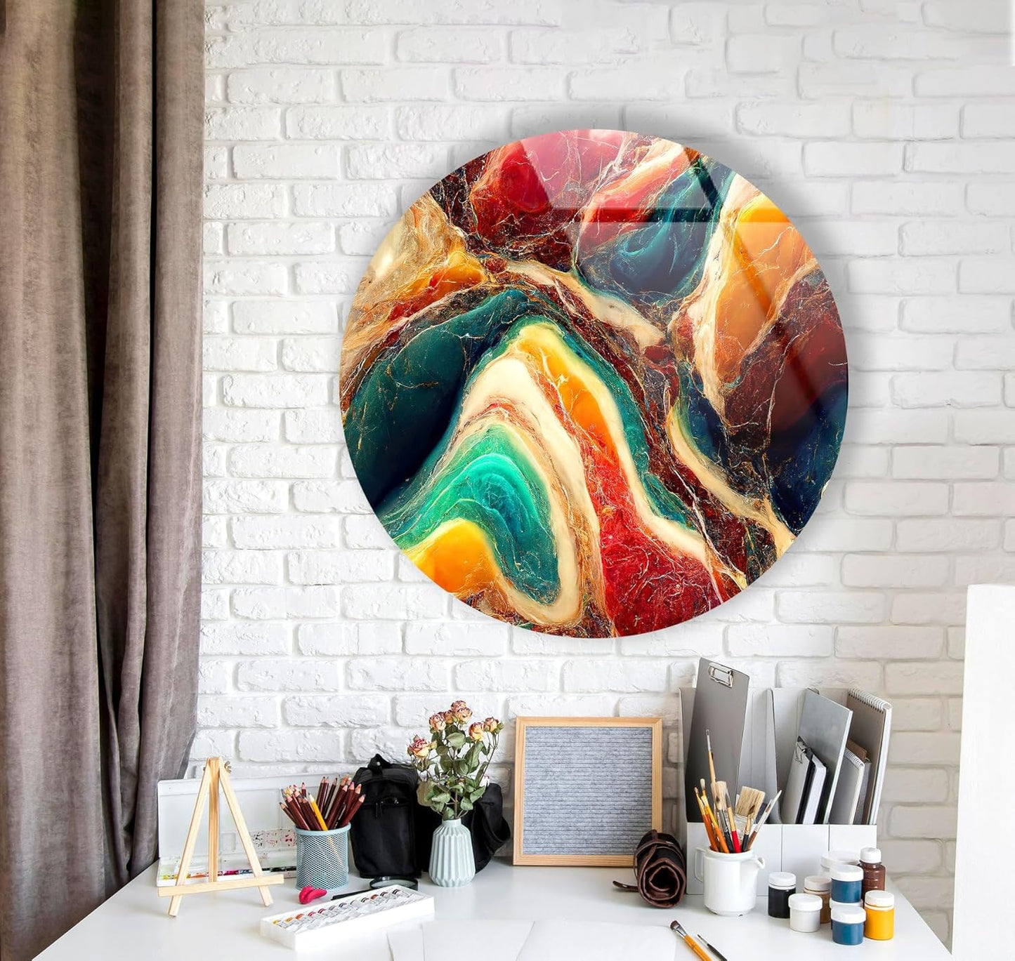My Photostation.com 24''(60cm) Diameter Colorful Marble Swirl Round Wall Art Abstract Glass Decor with Earthy Tones & Gemstone Texture