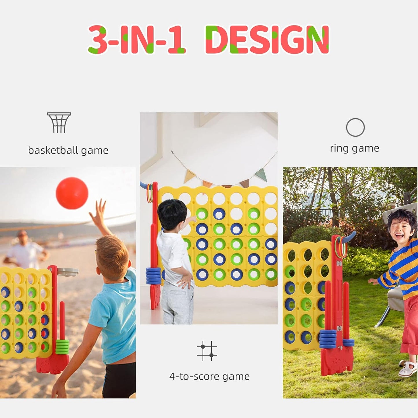 UNICOO Giant 4-in-A-Row with Carry Bag, Ring Toss, Basketball Hoop - Large Outdoor Game for Family Fun - Big Jumbo Game Set for Backyard Parties, BBQs, and Gatherings (Red + Yellow)