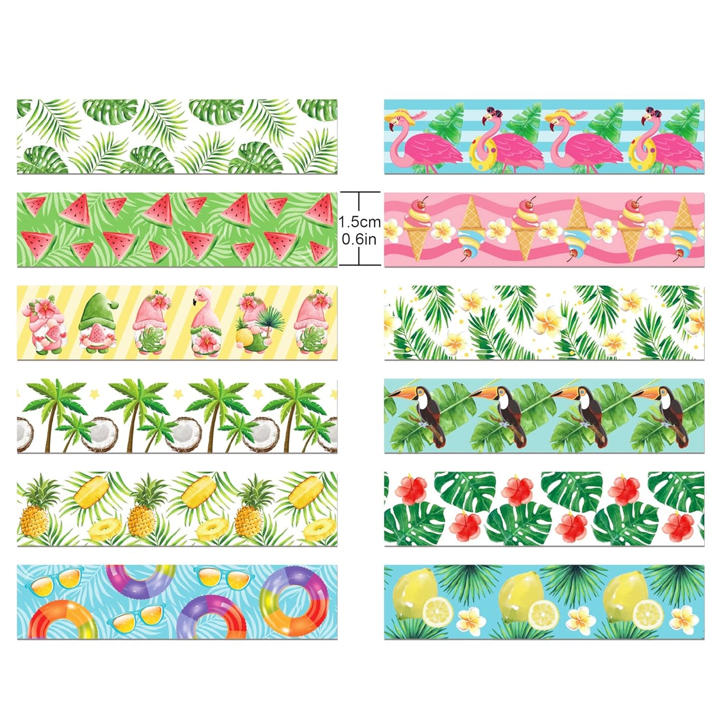 Summer Washi Tape 12 Rolls Aloha Masking Tape Hawaiian Theme Decorative Paper Stickers Flamingo Lemon Watermelon Tape Sticker,for DIY Crafts and Scrapbooking