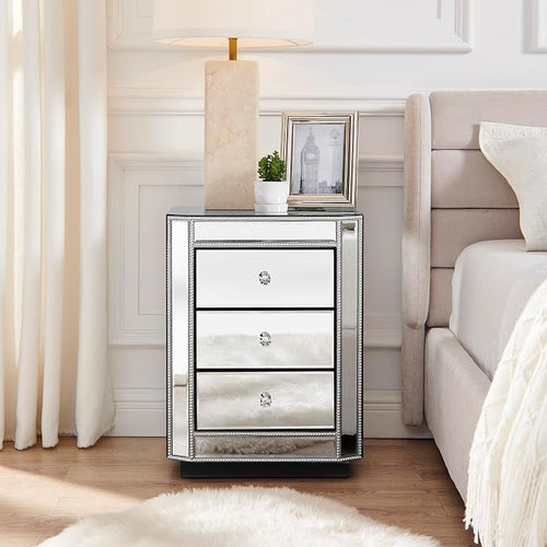3-Drawer Mirrored Nightstand Bedside Table, Modern Mirrored End Side Table by HEPMIMZHU