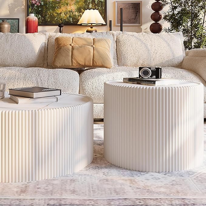 White Marble Coffee Table Set of 2, 29.52" Round Flued Coffee Table and End - Image 7