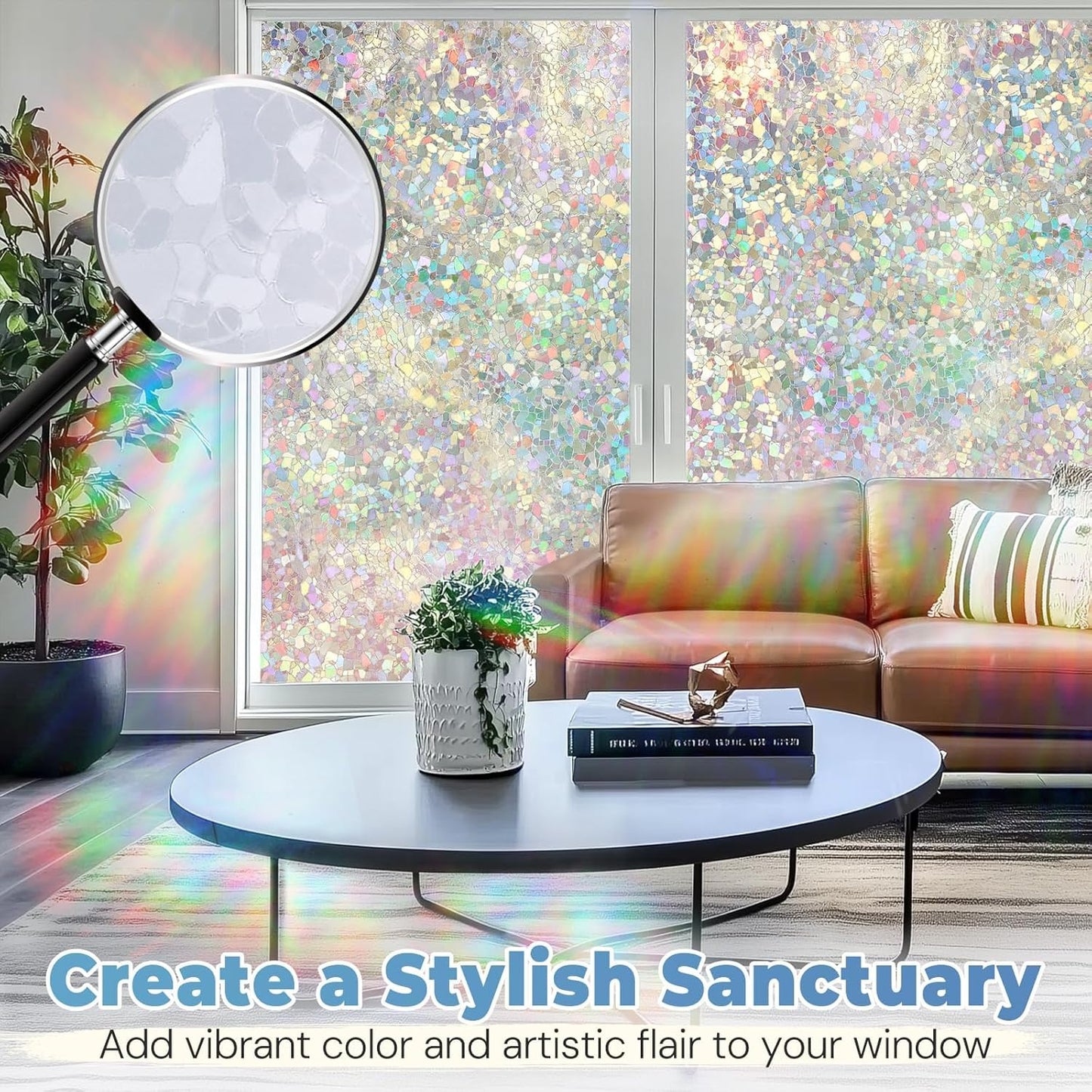 DOWELL Window Privacy Film Rainbow Film, Stained Glass Decorative Sticker, Static Cling Non-Adhesive Glass Clings, Sun Blocking Heat Control Window Coverings for Home Door, 17.5" x 78.7"