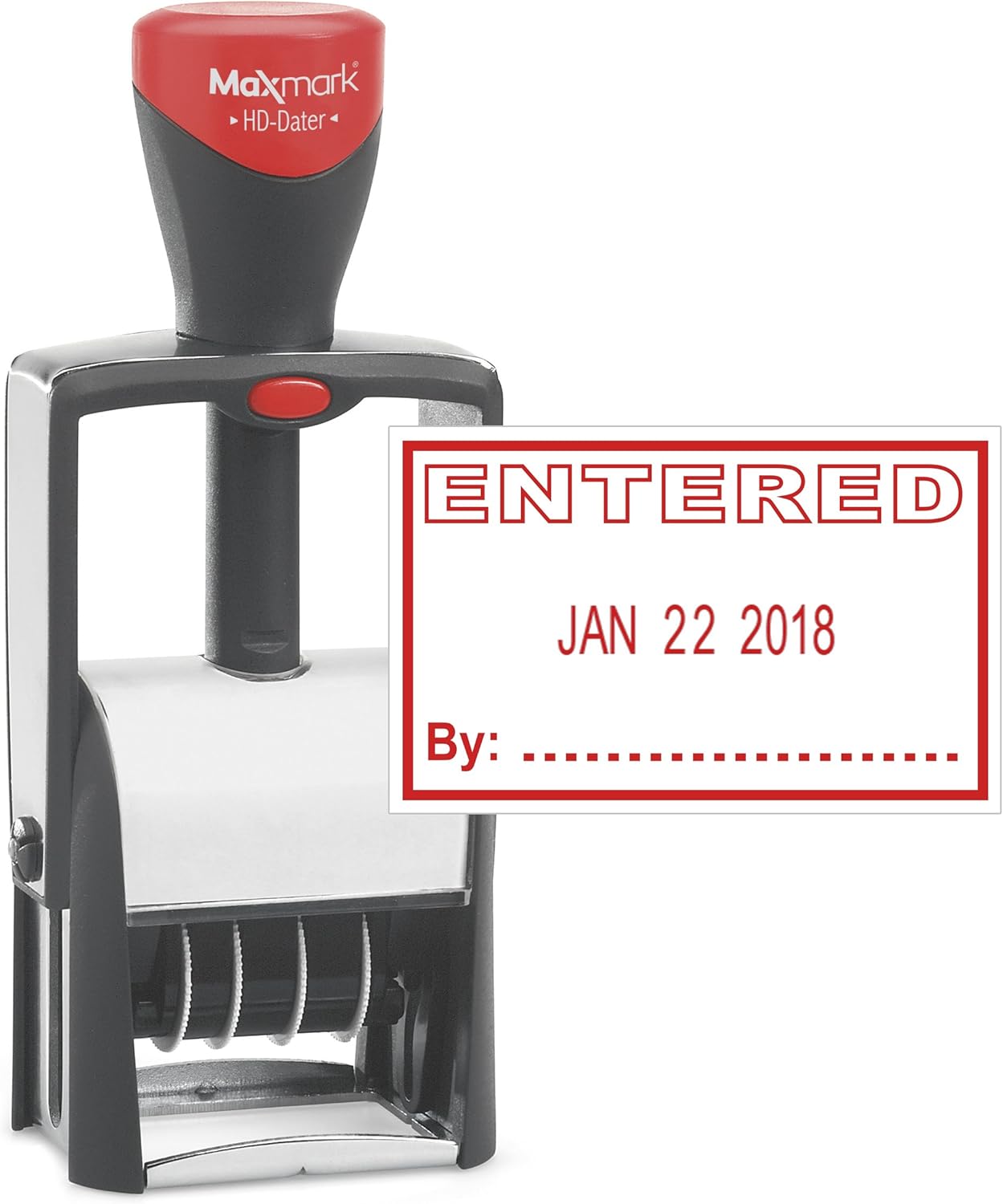 MaxMark Heavy Duty Self Inking Date Stamp with Phrase Entered - Red Ink