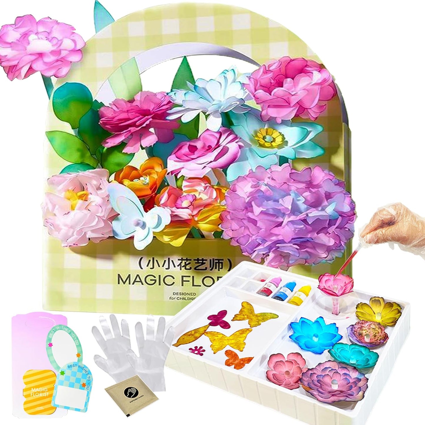 Science Craft Kit: Color Mixing & Dyeing Paper Flower Bouquet for Adults, Teens & Kids 8-12. Handmade Craft for Women's Group Activities & Stem Family Fun, Gift for Birthday Christmas, (Green Florist)