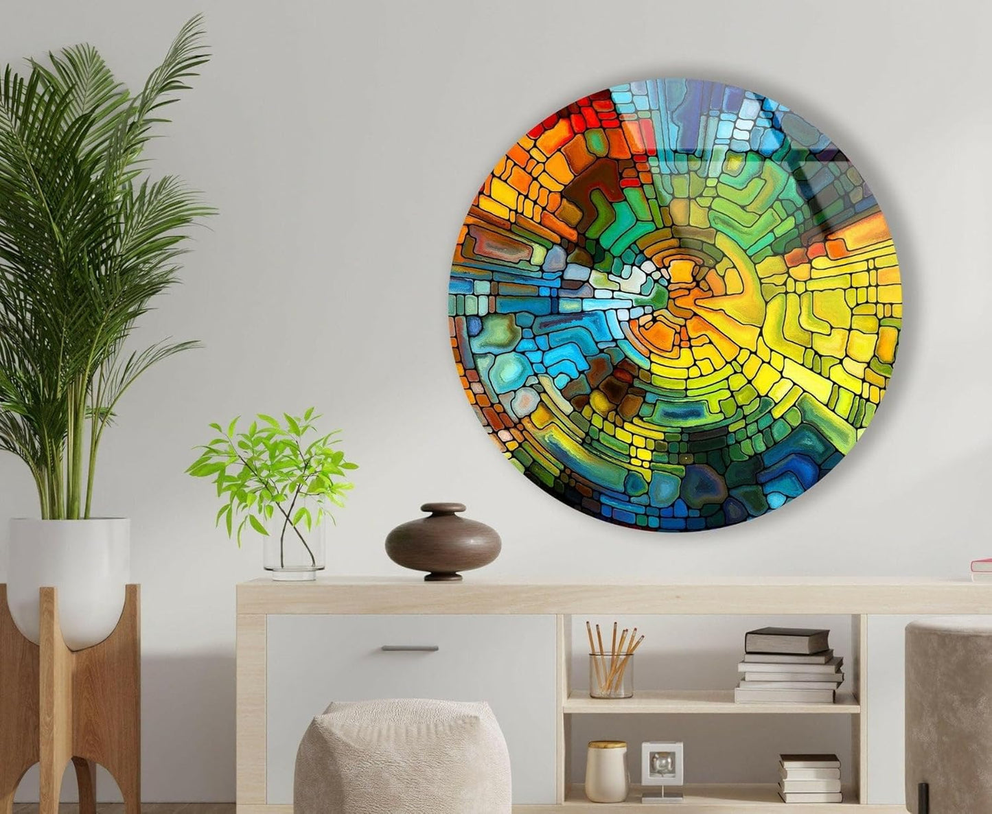 My Photostation.com 10''(25cm) Diameter Stained Yellow Round Glass Wall Art Tempered Glass Printing Wall Decor Large Wall Art Wall Hangings