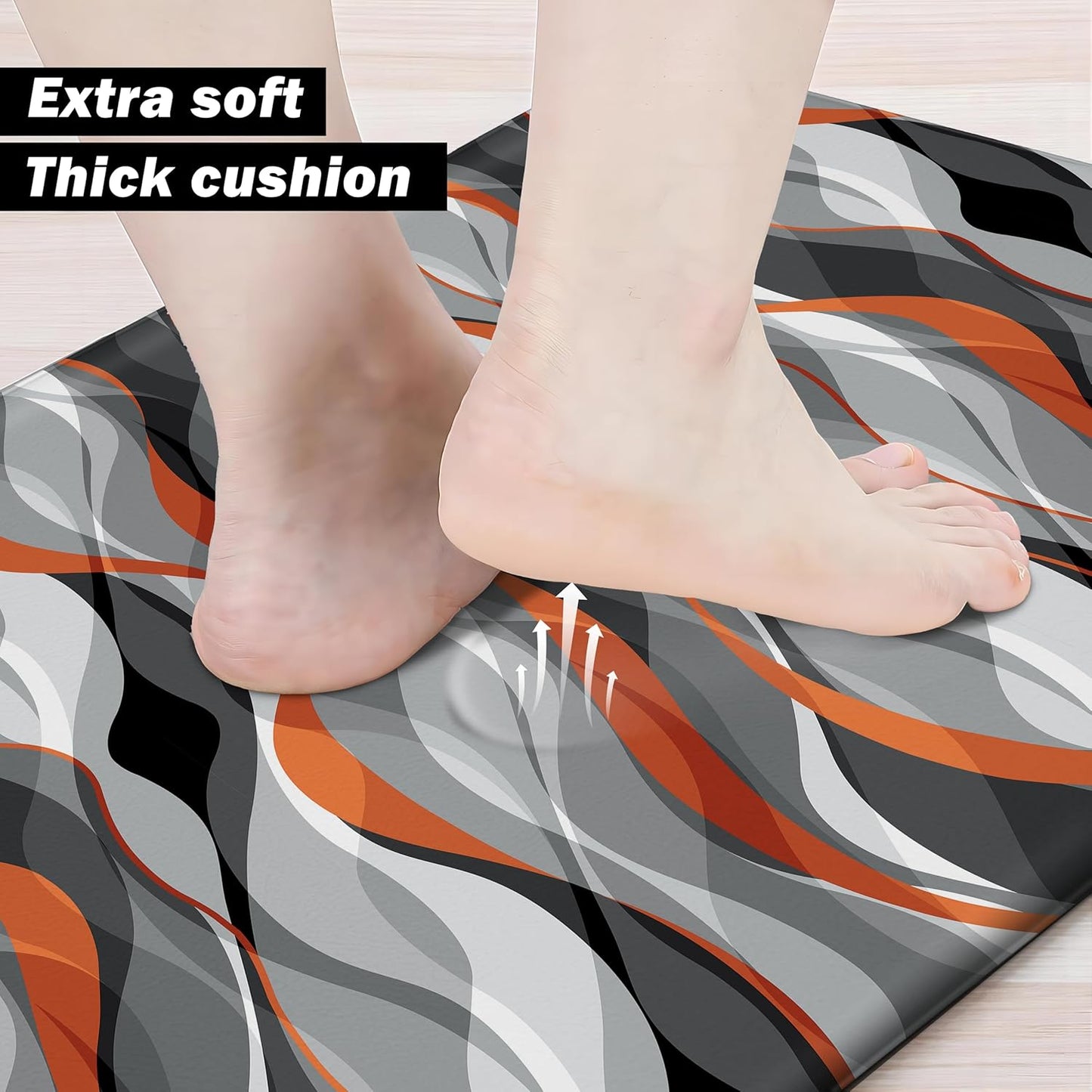 Kitchen Mats for Floor Modern Abstract kitchen rugs Grey and Orange Stripe Anti Fatigue Kitchen Mats Waterproof Floor Mats Cushioned Non-Skid Standing Mats for Kitchen, Set of 2,17.3 x 28+17.3 x 47