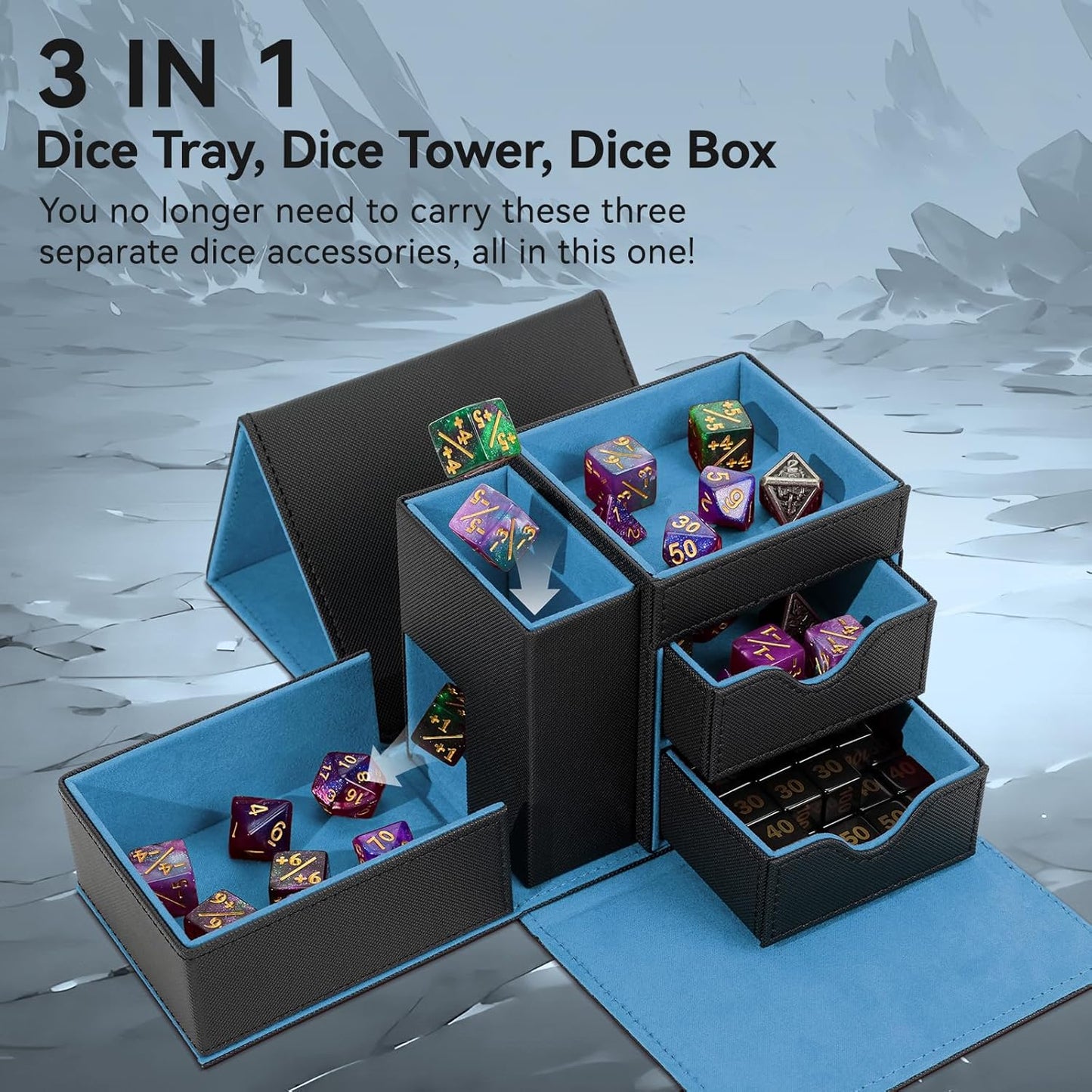 Dice Tray & Dice Tower Storage Box, 3 in 1 Dice Holder Case (Dice Rolling Tray, Dice Rolling Tower, Dice Storage Drawers), Leather Magnetic Closure DND Accessories Gifts for RPG MTG, Black/Blue