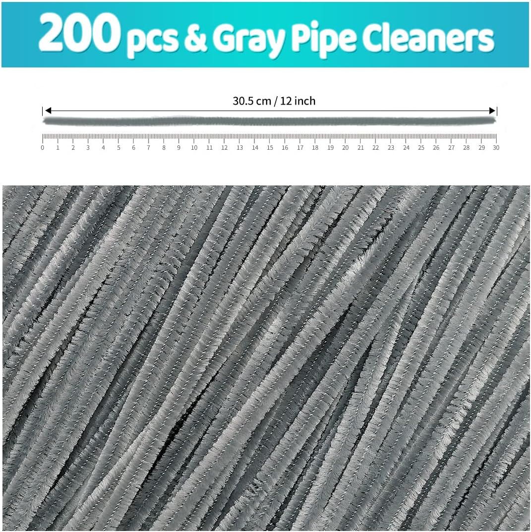 Iooleem 200pcs Gray Pipe Cleaners, Chenille Stems, Pipe Cleaners for Crafts, Pipe Cleaner Crafts, Art and Craft Supplies.