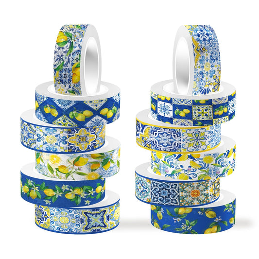 Lemon Washi Tape 12 Rolls, Blue Tiles Yellow Lemon Printed Decorative Washi Tape Set, DIY Art Crafts Wrapping Decor for Gifts Wrapping,Wedding Bridal Shower