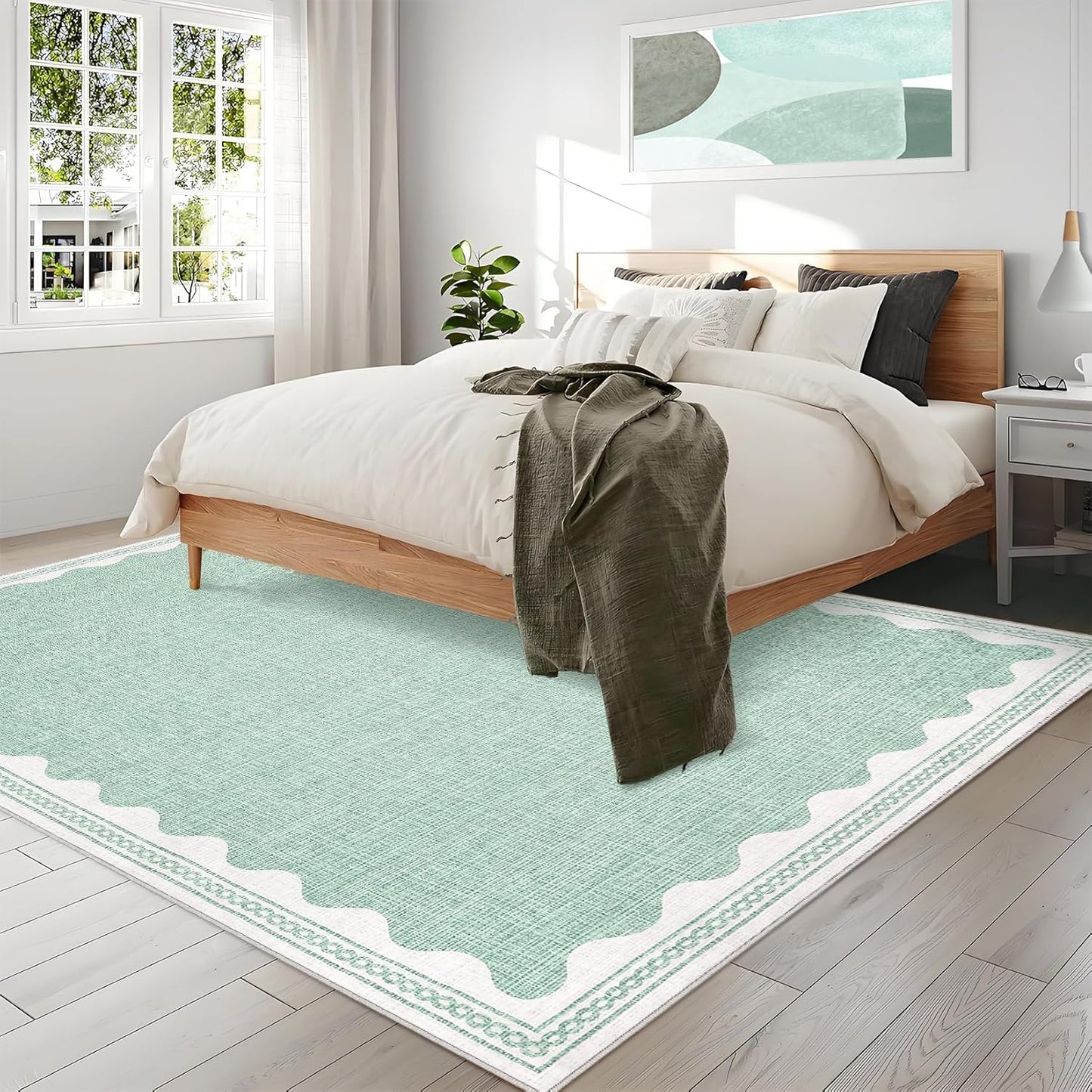 Scalloped Washable Rug 8x10 Area Rugs for Living Room, Solid Green Rug for Bedroom Girls, Non Slip Throw Carpet with Rubber Back, Soft Dorm Nursery Scalloped 8x10 Rugs for Dining Room