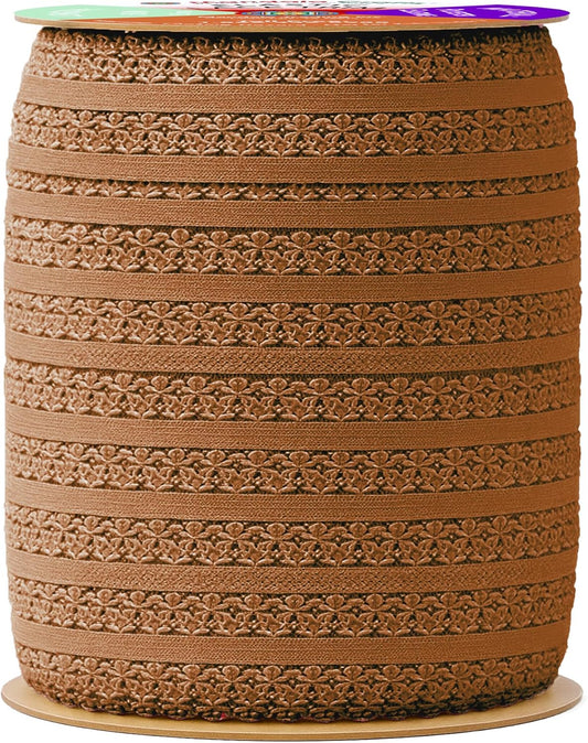 Mandala Crafts Brown Stretch Lace Soft Elastic Trim Roll - 55 Yards 1 Inch Wide Stretchy Frilly Picot Ribbon for Sewing Lingerie, Headbands, Underwear, and Crafts