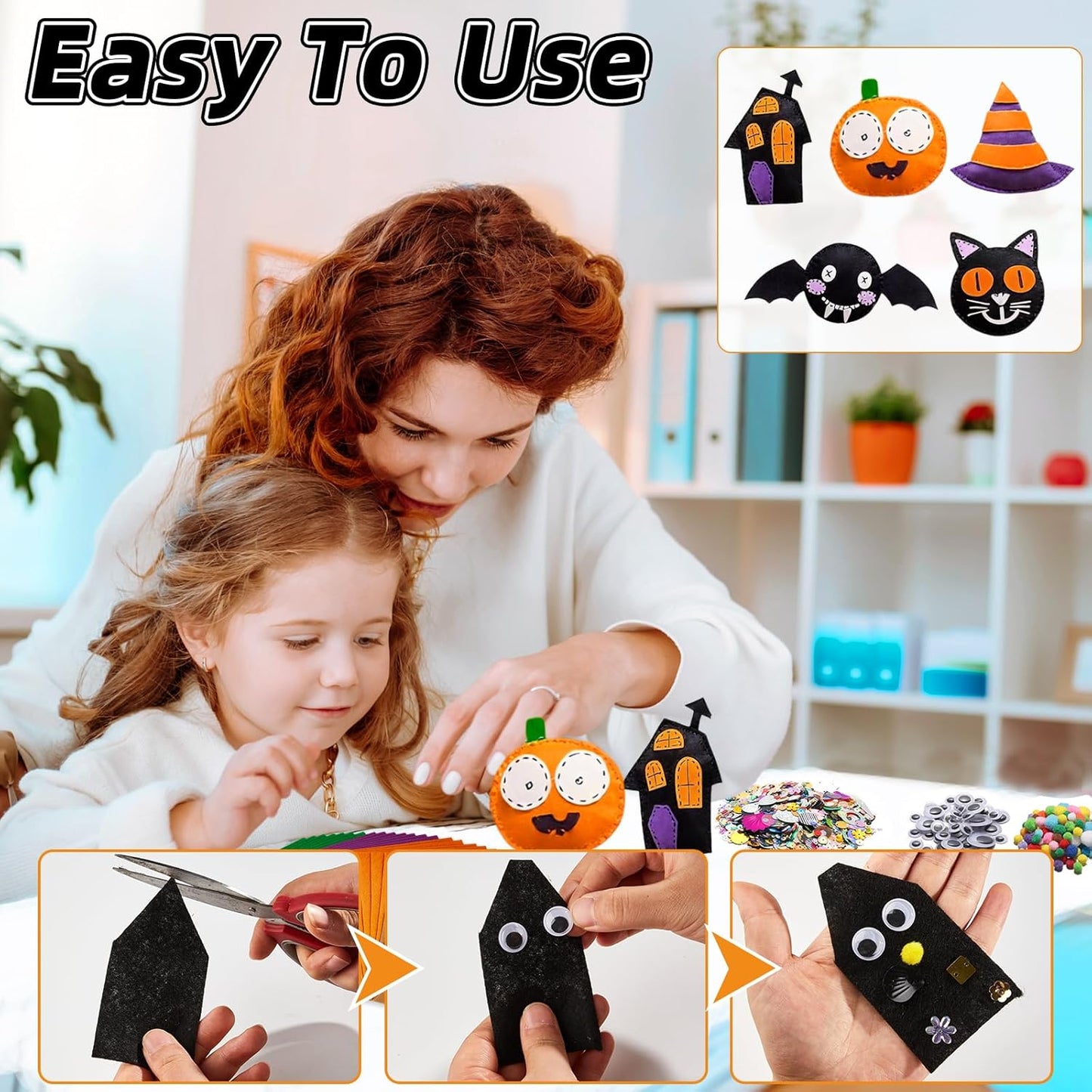 42Pcs Halloween Felt Fabric Sheets 8 x 12 Inch Black Purple Assorted Soft Thick Felt Pack with Wiggle Google Eyes Pom Poms Glitter Patchwork for Halloween DlY Sewing Creative Art Project Decor