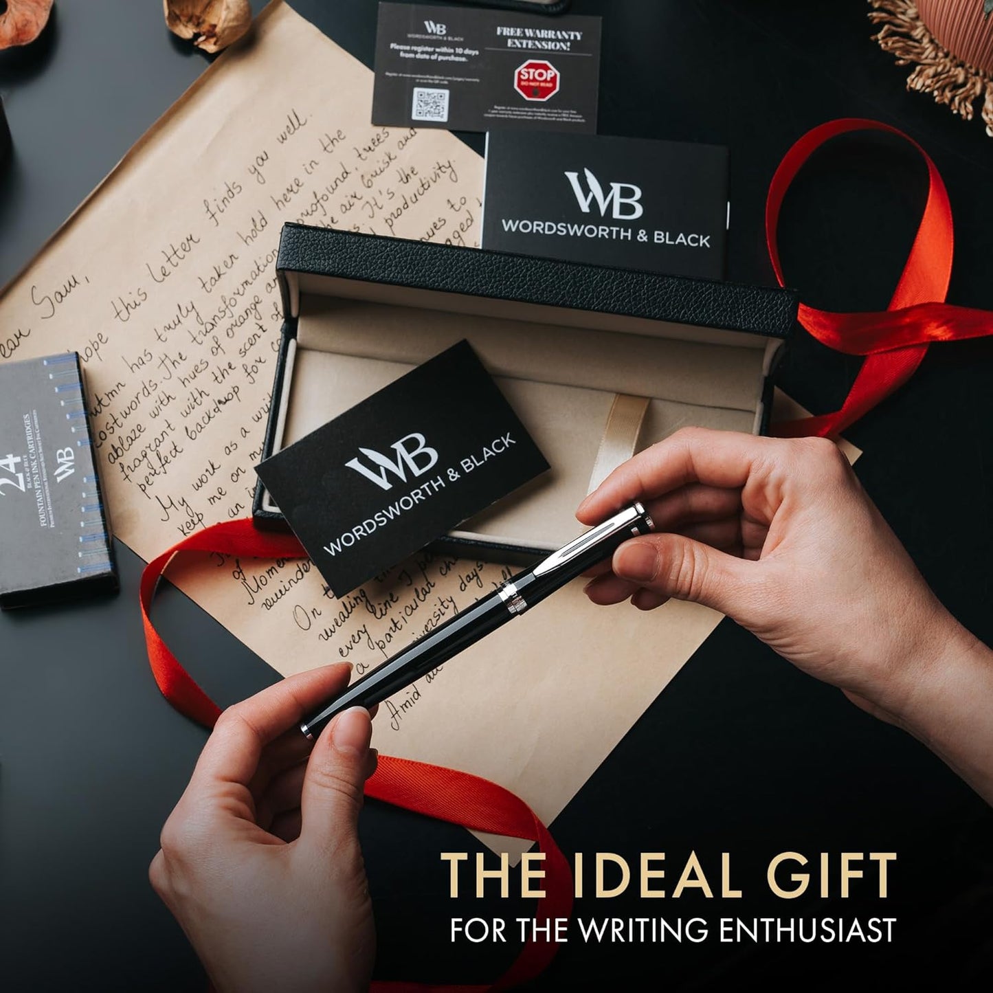 Wordsworth & Black Fountain Pen Set, Broad Nib, Includes 24 Pack Ink Cartridges, Ink Refill Converter & Gift Box, Chrome Finish, Calligraphy, [Black Chrome], Perfect for Men & Women