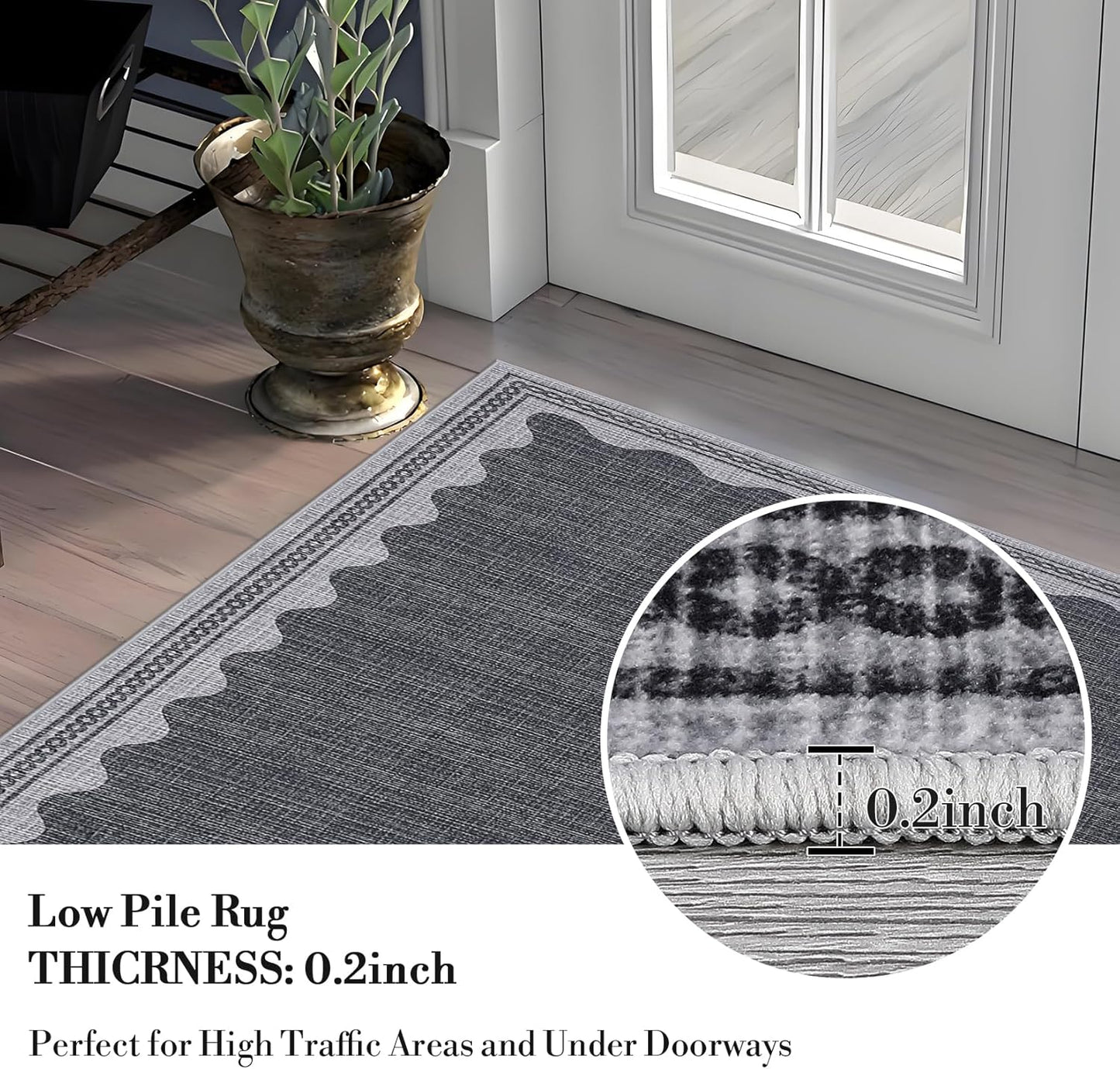 Scalloped Washable Rug 8x10 Area Rugs for Living Room, Solid Grey Rug for Bedroom Girls, Non Slip Throw Carpet with Rubber Back, Soft Dorm Nursery 8x10 Rugs for Dining Room