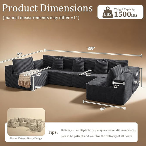 138" Cloud Sectional Couch, Comfort U Shaped Sofa - Image 2