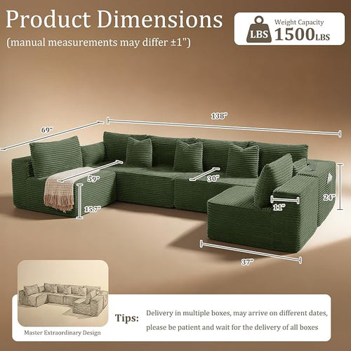 138" Cloud Sectional Couch, Comfort U Shaped Sofa - Image 2