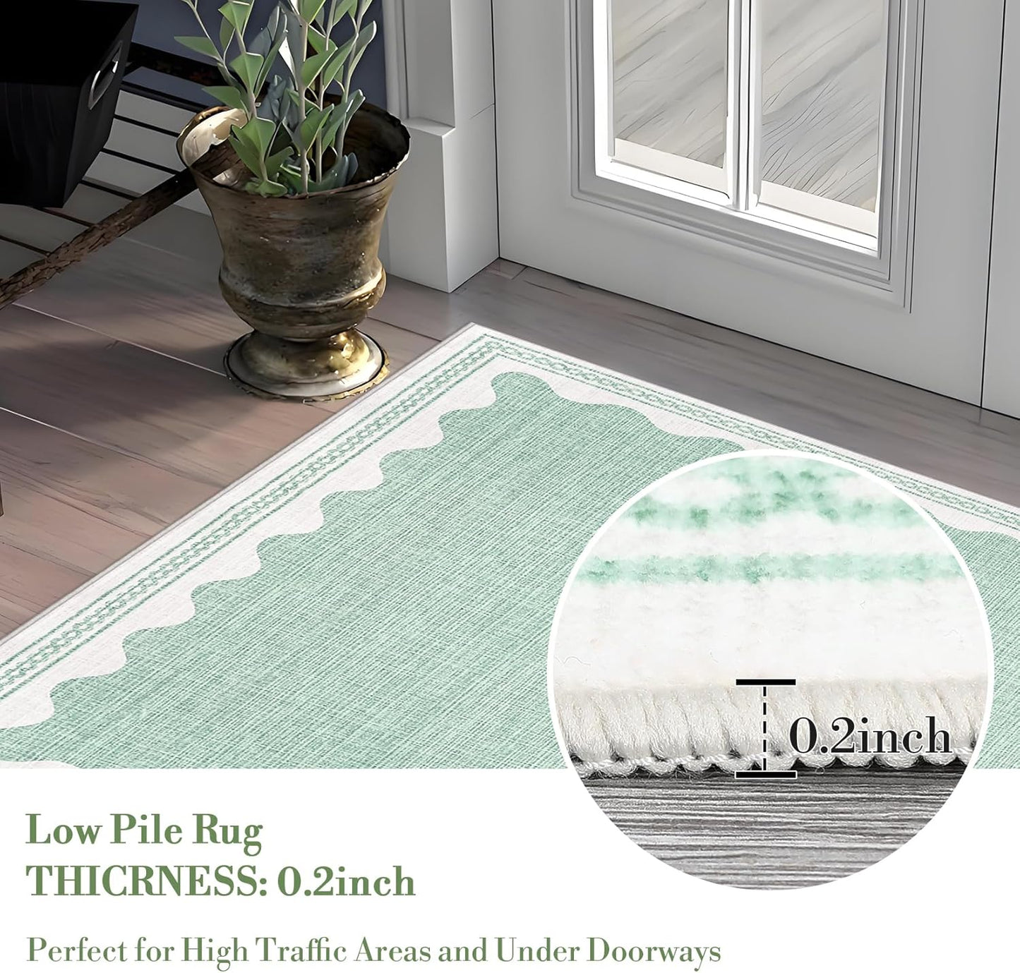 Scalloped Rug 4x6 Rugs for Entryway, Small Area Rugs Solid Green Rug for Bedroom Girls, 4x6 Washable Rugs for Living Room, Non Slip Scalloped Bath Mat, Soft Dorm Nursery Carpet for Bedside