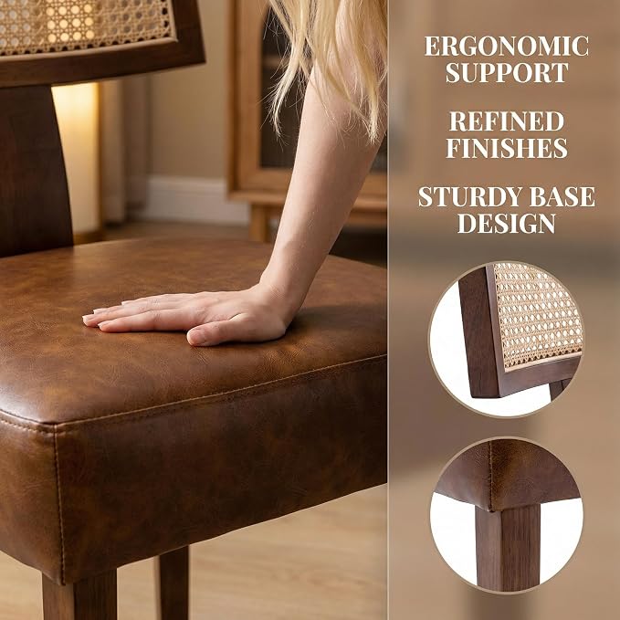 HNY Mid Century Modern Rattan Dining Chairs Set of 6, Farmhouse PU Leather - Image 4