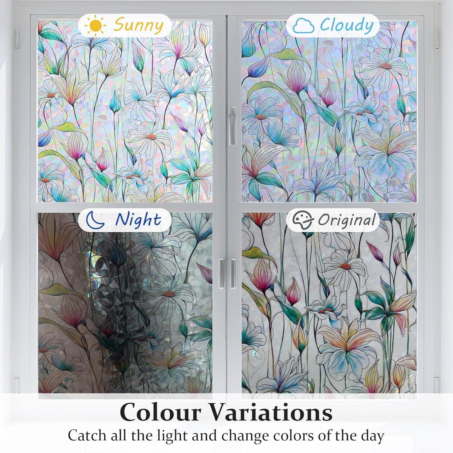 Donox Decorative Window Privacy Film, 3D Floral Stained Glass Window Film Static Cling Rainbow Privacy Sticker for Glass Door Heat Control Anti UV, No Adhesive (Magnolia,35.4 x 157.4 inches)