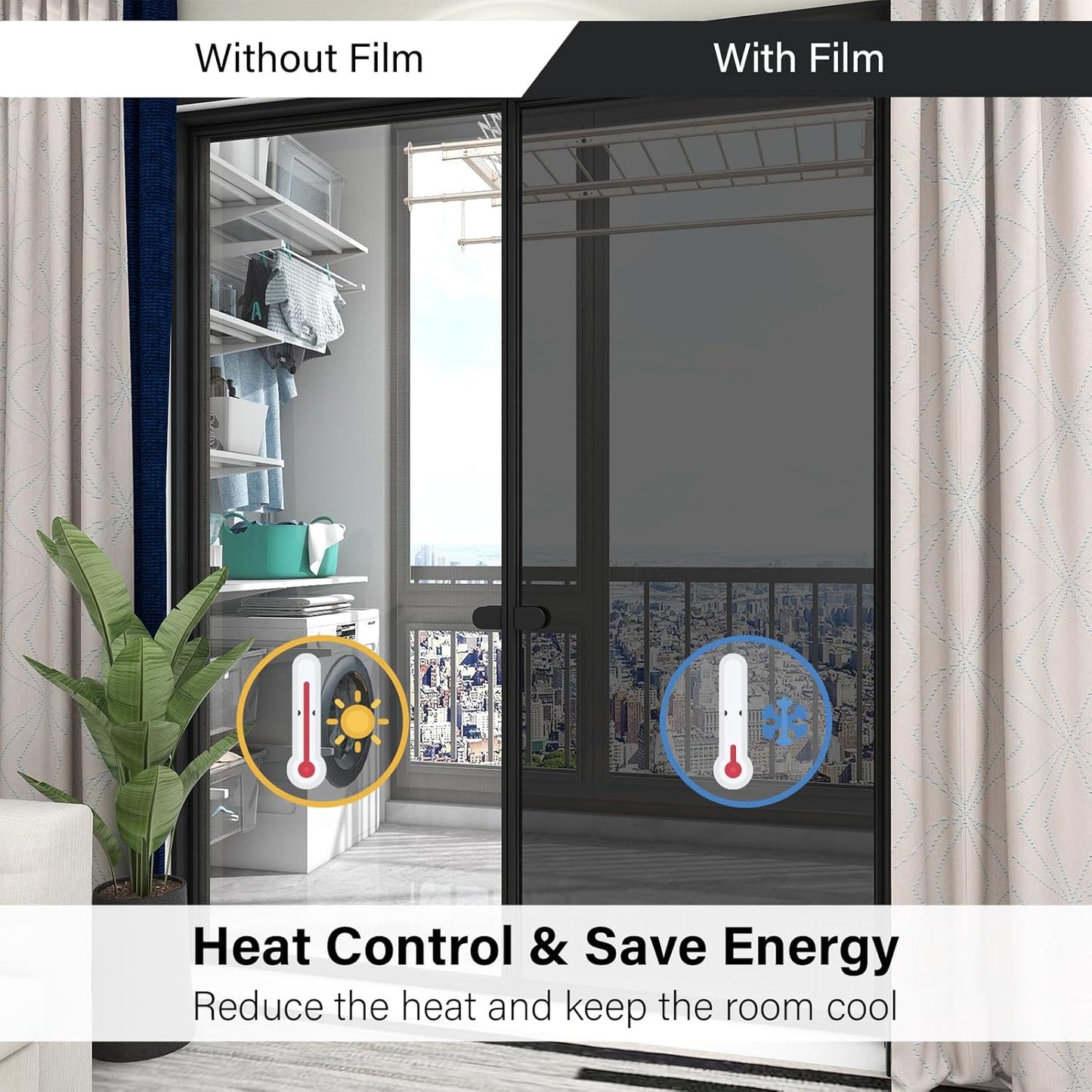 Kromapolis One Way Window Privacy Film Reflective Mirror Home Window Tint, Daytime Privacy Heat Control Anti UV Glass Tinting Static Cling (Black-Silver, 35.4 x 78.7 inch)