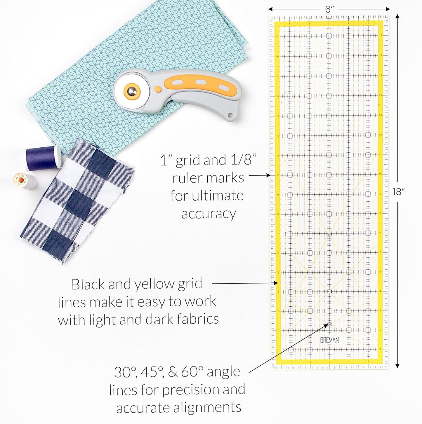 WA Portman Self Healing Cutting Mat & Rotary Cutter Set – 45mm Rotary Cutter for Fabric with 5 Extra Blades with 12x18 Fabric Cutting Mats for Crafts & 6x18 Acrylic Quilting Rulers – 3pc Sewing Kit