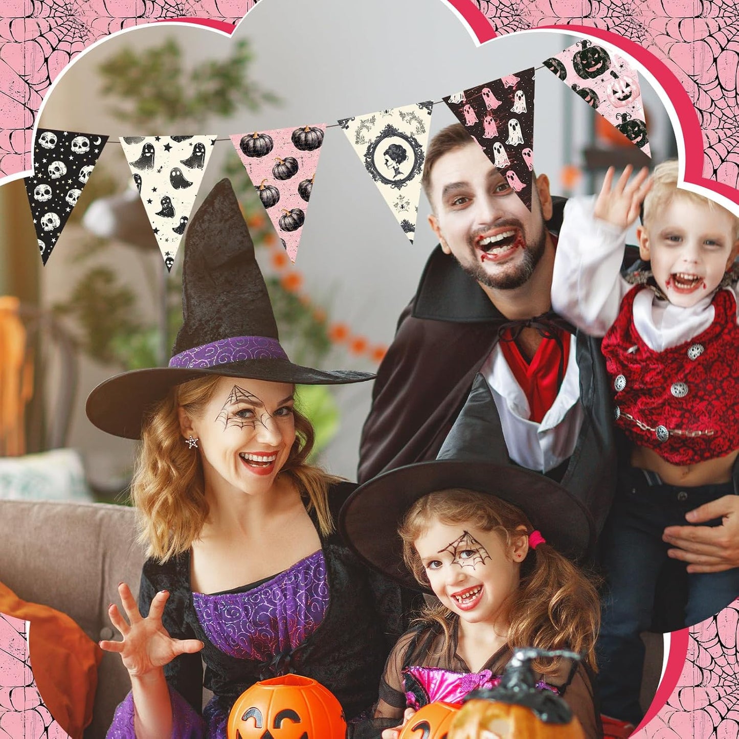 Ganeen 60 Pcs 10 x 10 Inch Pink Halloween Quilting Fabric Squares Vintage Pink Ghost Fat Patchwork Precut Strips Retro Pumpkin Skull Fabric Bundles for Holiday DIY Craft Sewing Quilt Material Handmade