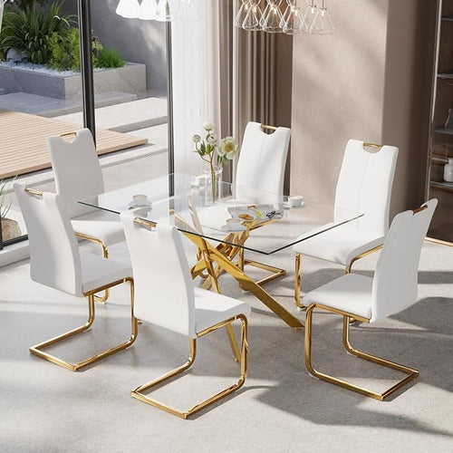 7-Piece Dining Table Set for 6, Modern Rectangular Glass Table by KATBOCFurniture