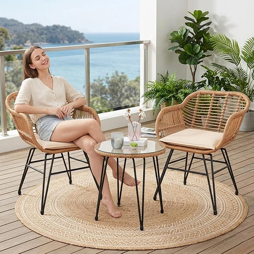 3 Piece Outdoor Wicker Furniture Bistro Set, Rattan Chairs Conversation Sets by HOMEZILLIONS