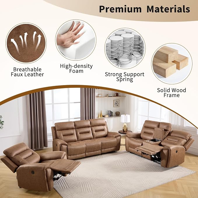 ANJ Power Oversized Reclining Sofa Couch Set of 2, Breathable Faux Leather - Image 7
