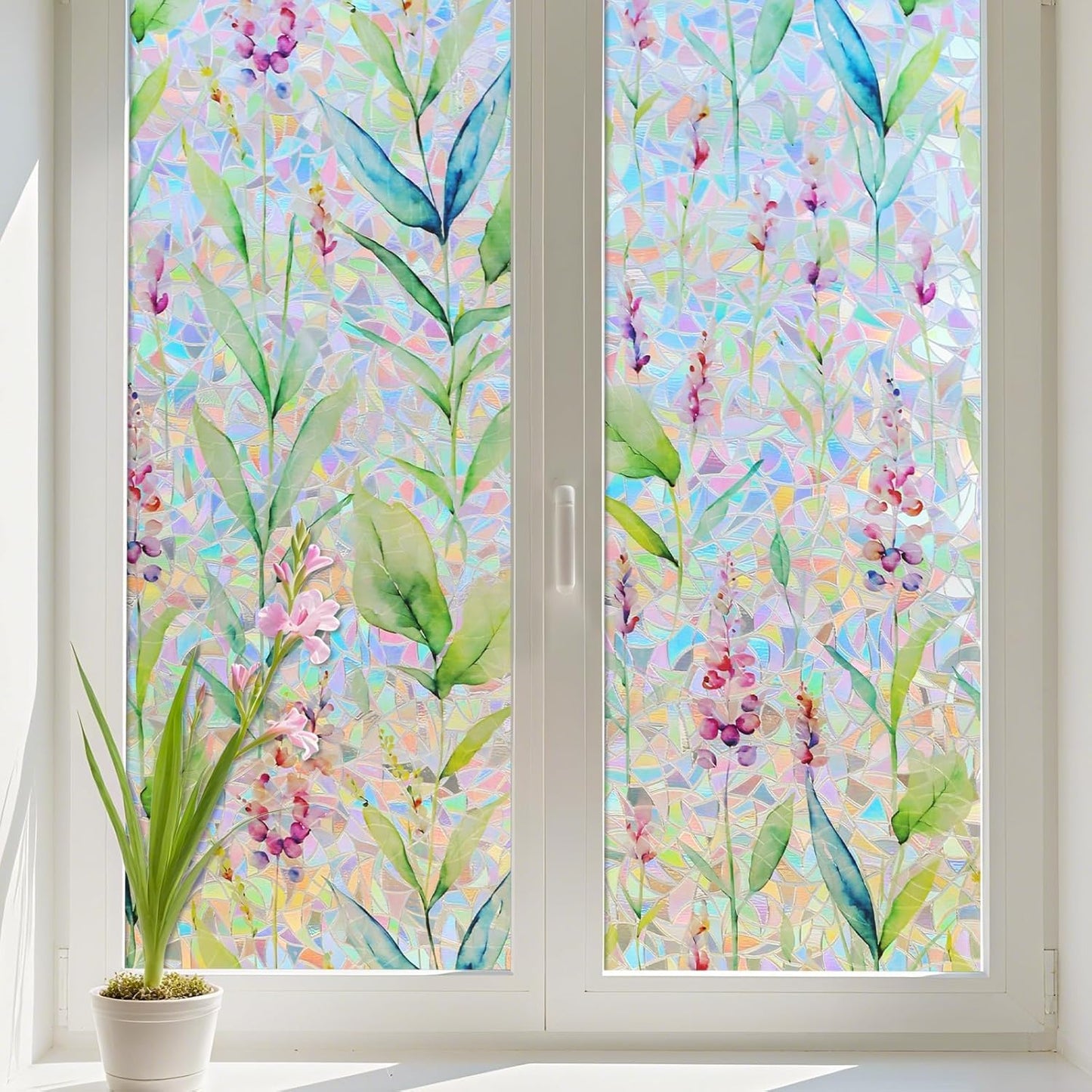 Donox Decorative Window Privacy Film, 3D Floral Stained Glass Window Film Static Cling Rainbow Privacy Sticker for Glass Door Heat Control Anti UV, No Adhesive (Gladiolus,23.6 x 157.4 inches)