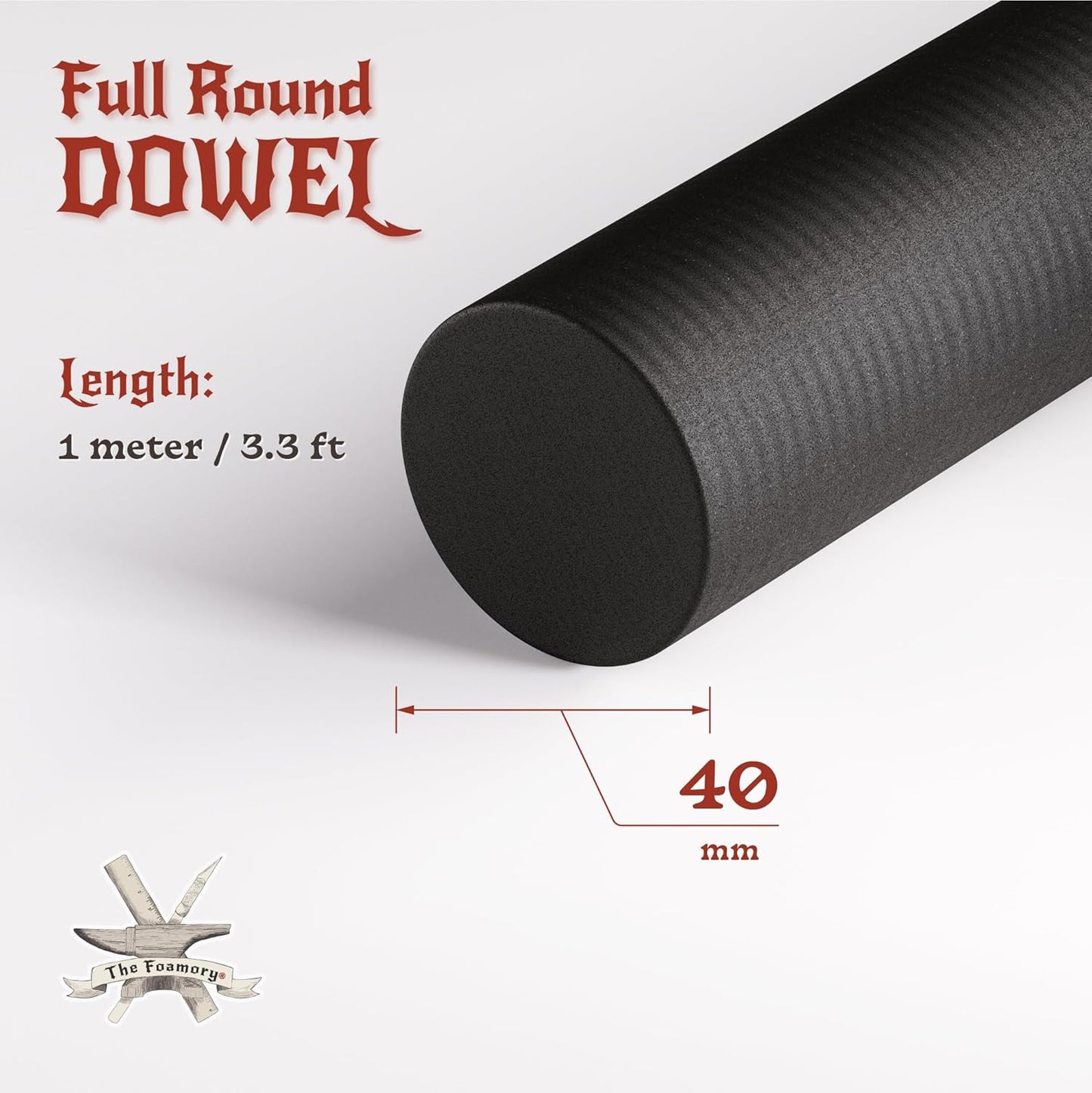 The Foamory's No Waste Full Round EVA Foam Dowel. 5-40mm x 1M High-Density Black Craft Foam Stick. Pre-Cut for Quick Cosplay Armor Trim, Weapon Enhancement and Costumes. Time Saving, Paint-Ready Bevel