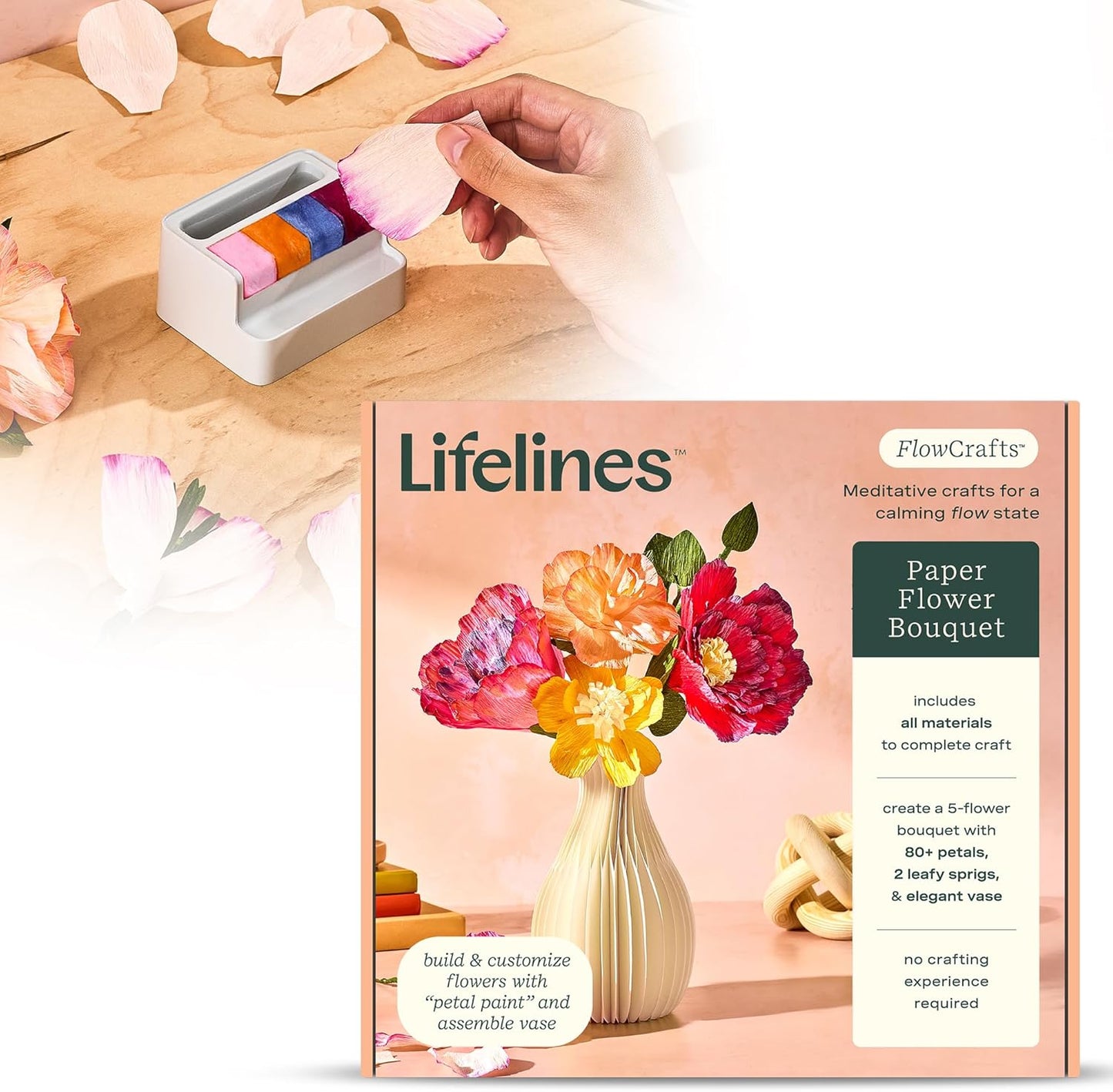 Lifelines FlowCrafts, Paper Flower Bouquet - Create a 5-Flower Bouquet with 80+ Petals, 2 Leafy Sprigs & Elegant Vase - Sensory Arts & Crafts Kit for Teens & Adults - Paper Decorations